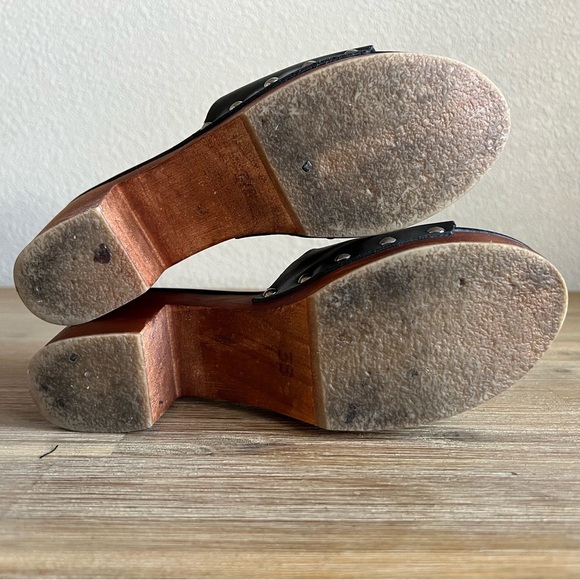 Mango Shoes Womens 7.5 Black Leather Chunky Wood Studded Platform Block Heel - Picture 13 of 16